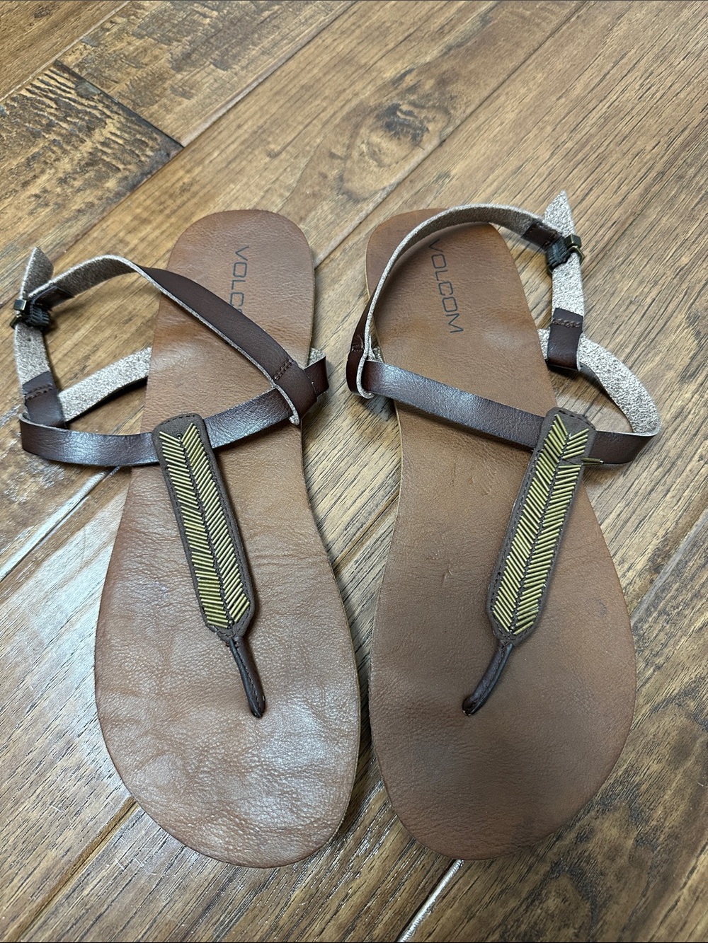 Volcom Brown Leather Sandals with Gold Feather Detail